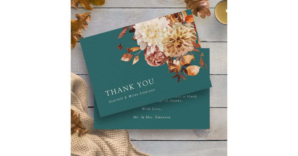 Teal Fall Leaves Thank You Card | Zazzle