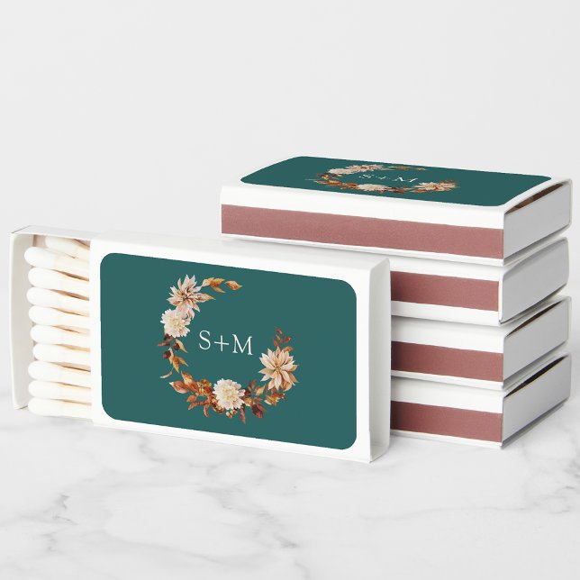 Teal Fall Matchboxes (Teal Fall Wreath Floral Monogrammed Matchboxes Wedding Favor by Painted Paperie
)