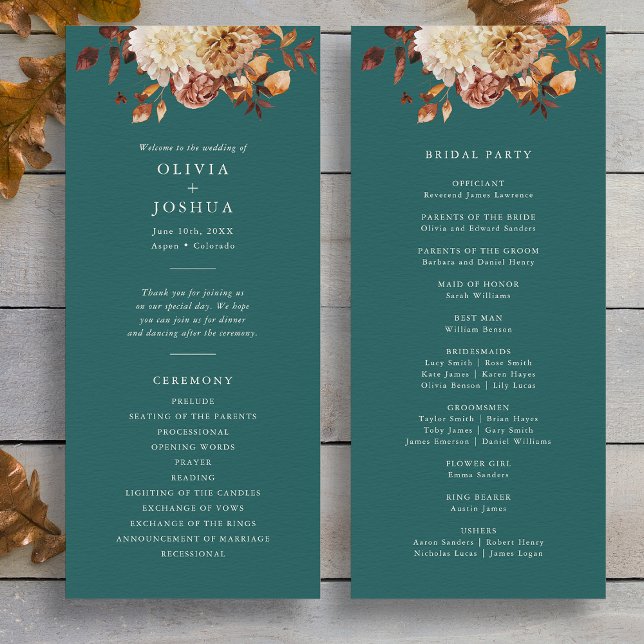 Teal Fall Program (Elegant Teal Fall Floral Wedding Program by Painted Paperie)
