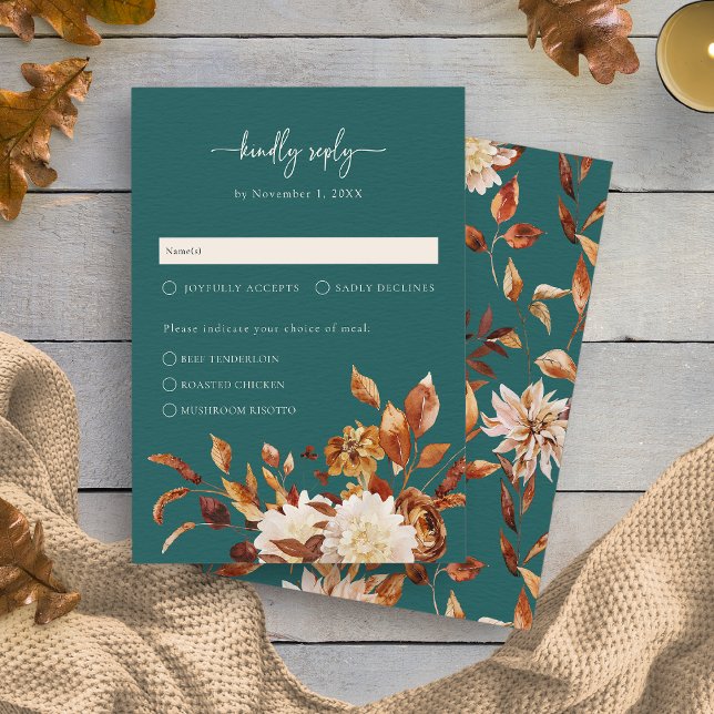Teal Fall RSVP Card (Teal Fall Rustic Leaves Floral RSVP Card by Painted Paperie
)