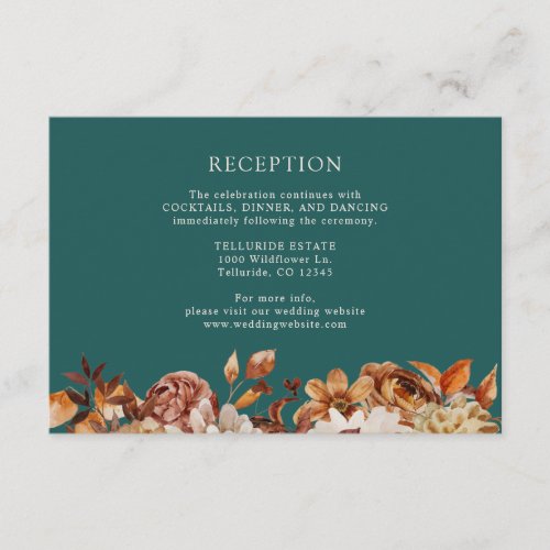 Teal Fall Terracotta Botanical Wedding Reception Enclosure Card