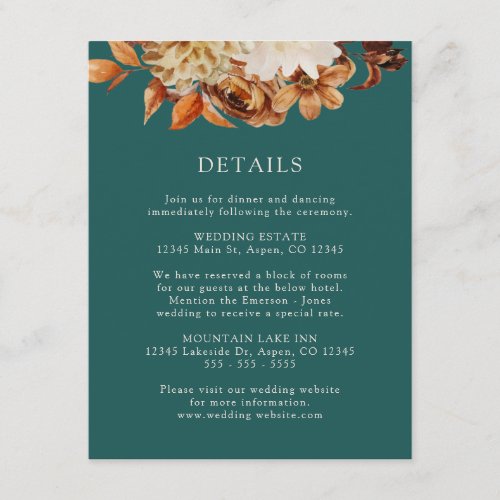 Teal Fall Terracotta Floral Wedding Details Enclosure Card