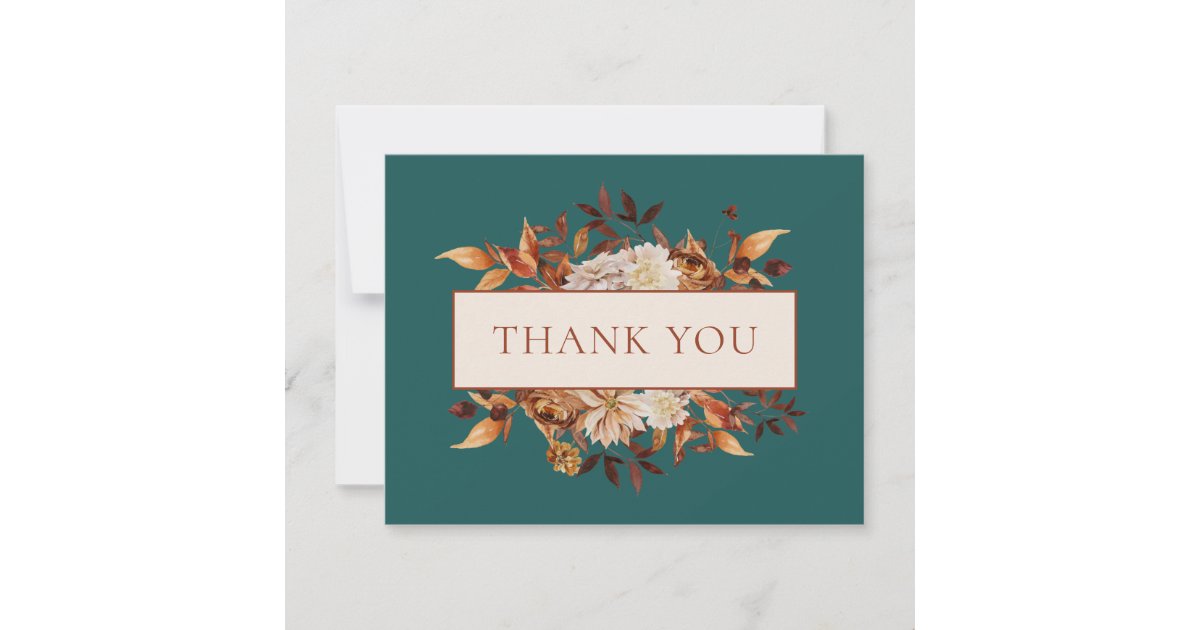 Teal Fall Terracotta Leaves Floral Thank You Card | Zazzle