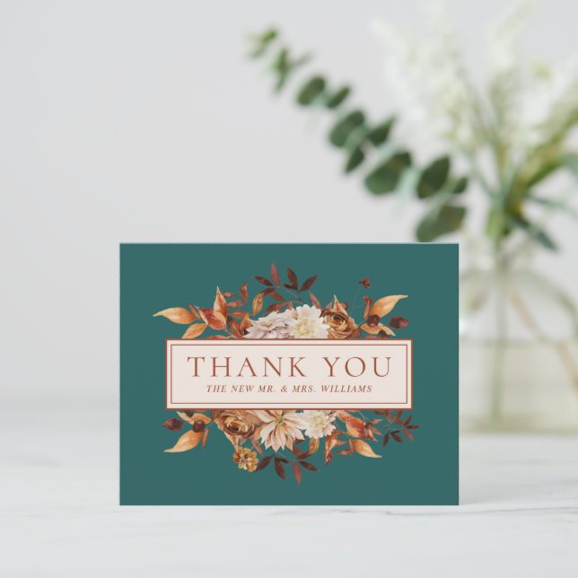 Teal Fall Terracotta Leaves Flowers Thank You Card (Standing Front)