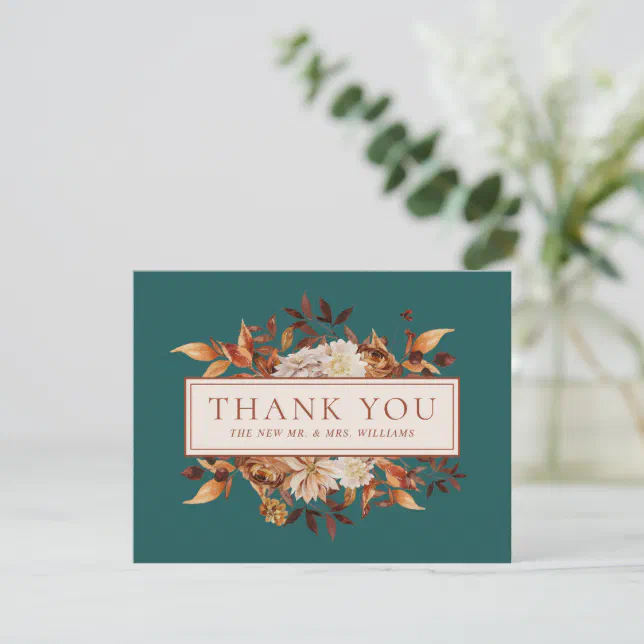Teal Fall Terracotta Leaves Flowers Thank You Card | Zazzle
