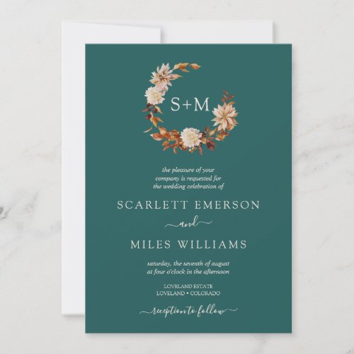 Teal Fall Terracotta Monogram Wreath Wedding Invitation