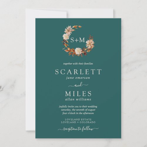 Teal Fall Terracotta Monogram Wreath Wedding Invitation