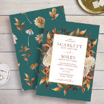 Teal Fall Terracotta Watercolor Floral Wedding Invitation<br><div class="desc">Teal Fall Terracotta Watercolor Floral Wedding Invitation. This elegant and rustic wedding invitation features hand-painted watercolor burnt orange and terracotta leaves, cream and beige dahlias, and beautiful rust-colored roses perfect for a fall or autumn wedding! The back of the invite has a beautiful leaf and floral pattern on a dark...</div>