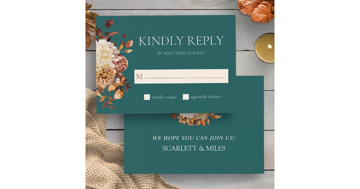 Teal Fall Terracotta Watercolor Floral Wedding RSVP Card | Zazzle