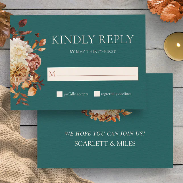 Teal Fall Terracotta Watercolor Floral Wedding RSVP Card | Zazzle