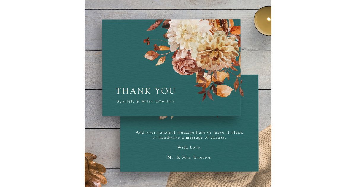 Teal Fall Terracotta Watercolor Floral Wedding Thank You Card | Zazzle