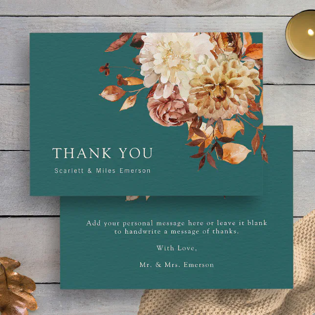 Teal Fall Terracotta Watercolor Floral Wedding Thank You Card | Zazzle