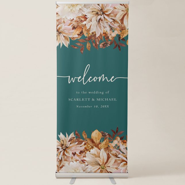Teal Fall Vertical Retractable Banner (Teal Fall Leaves Floral Vertical Retractable Welcome Sign Banner by Painted Paperie
)