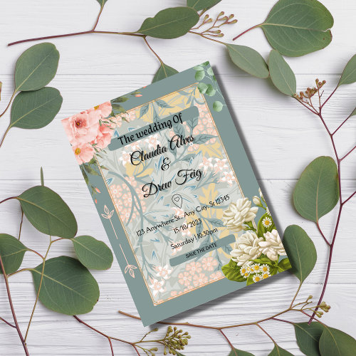 Teal Fall  Watercolor Floral Wedding Invitation