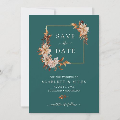 Teal Fall Watercolor Floral Wedding Save The Date