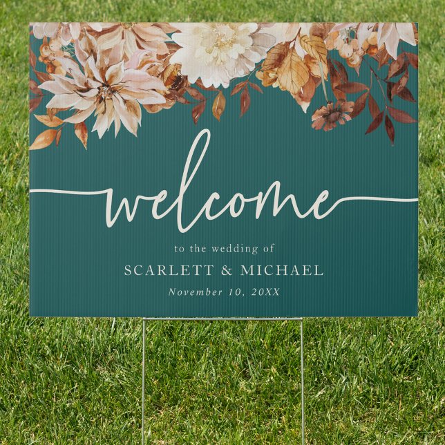 Teal Fall Welcome Outdoor sign (Teal Fall Leaves Floral Watercolor Welcome Outdoor Yard Sign by Painted Paperie
)