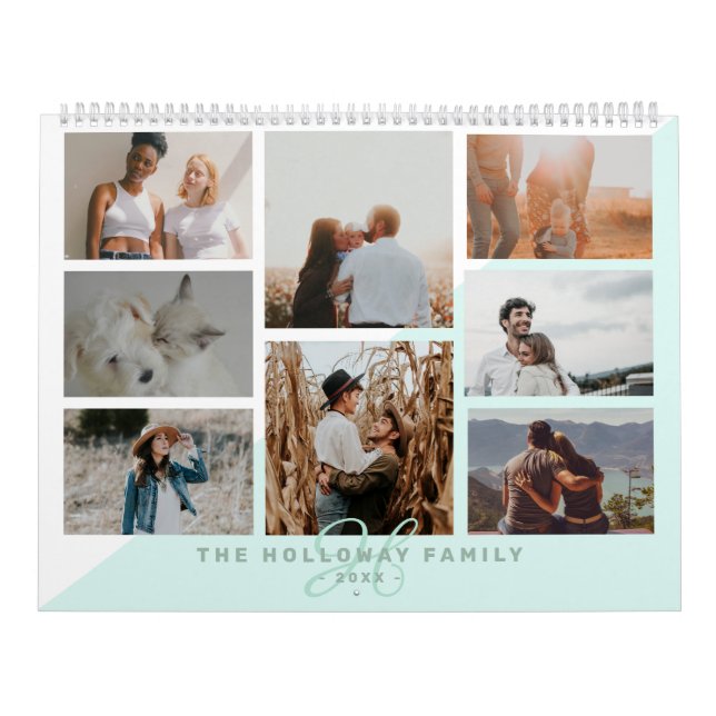 Teal family monogram name blue 20 photo collage calendar (Cover)