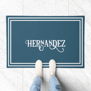 Teal Family Name and Double White Border Doormat