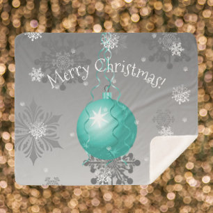 Teal Fancy Christmas Ornament Sherpa Blanket