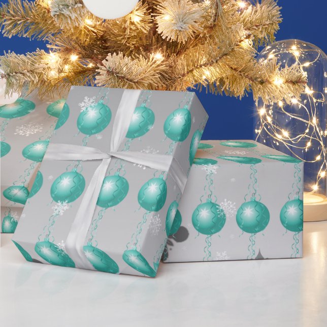Teal Fancy Christmas Ornament Wrapping Paper (Holidays)