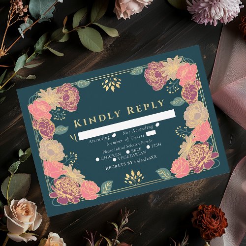 Teal Fantasy Enchanted  Flower Garden Wedding RSVP