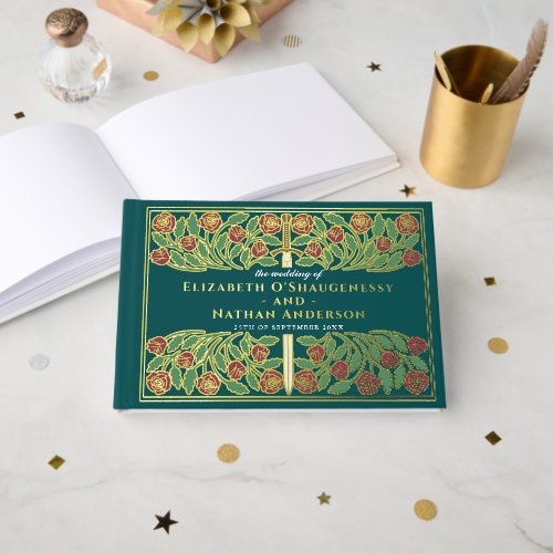 Teal Fantasy Royal Medieval Floral Sword Wedding Foil Guest Book