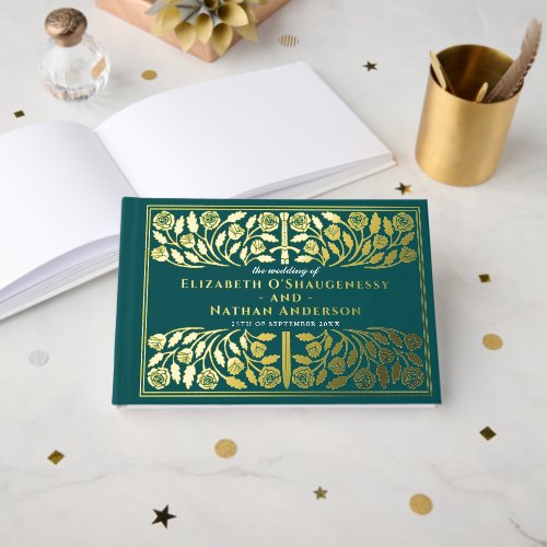 Teal Fantasy Royal Medieval Sword Wedding Foil Guest Book