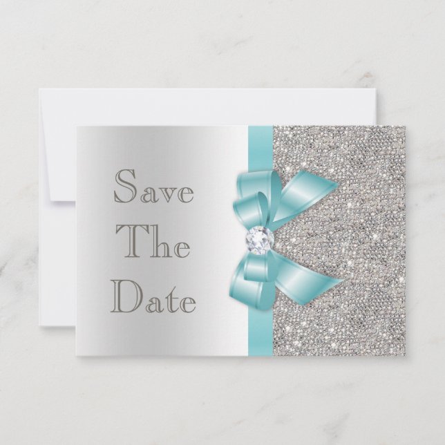 Teal Faux Bow & Diamonds Silver Save The Date (Front)