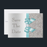 Teal Faux Bow & Diamonds Silver Save The Date<br><div class="desc">Personalized wedding Save The Date cards. Elegant custom silver and teal colors double sided flat save the dates with a beautiful sparkly printed glitter sequins pattern, cute shiny printed teal blue / turquoise vector image bows and ribbons and pretty, stylish printed image diamonds bling jewels and dark silver grey text...</div>