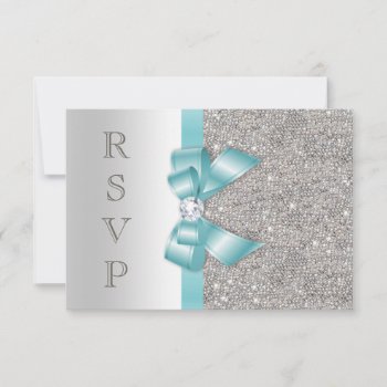 Teal Faux Bow Silver Diamonds Rsvp by GroovyGraphics at Zazzle