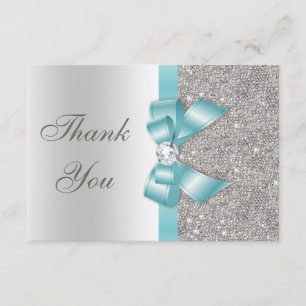 Teal Faux Bow Silver Diamonds Thank You Card