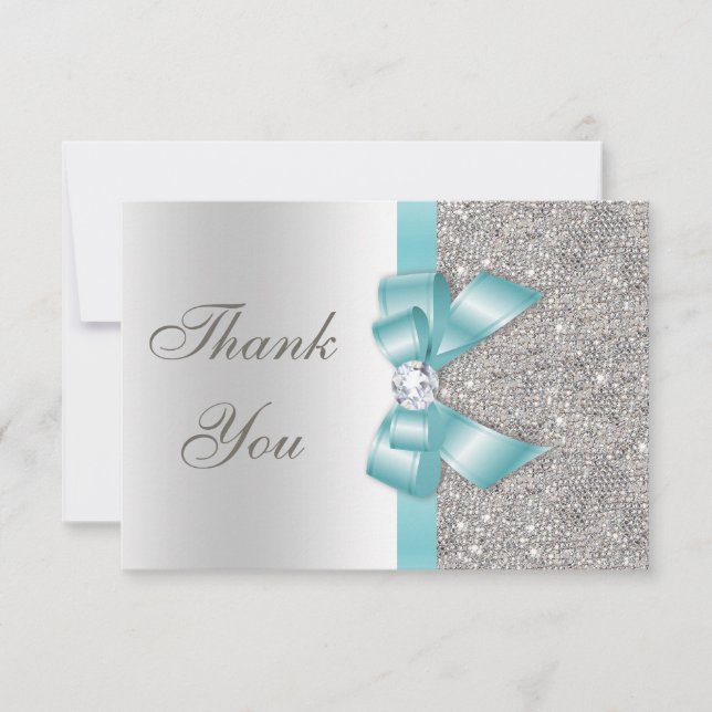 Teal Faux Bow Silver Diamonds Thank You Card (Front)