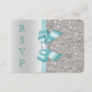 Teal Faux Bow Silver Sequins Diamond RSVP Invitation
