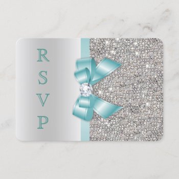Teal Faux Bow Silver Sequins Diamond Rsvp Invitation by GroovyGraphics at Zazzle
