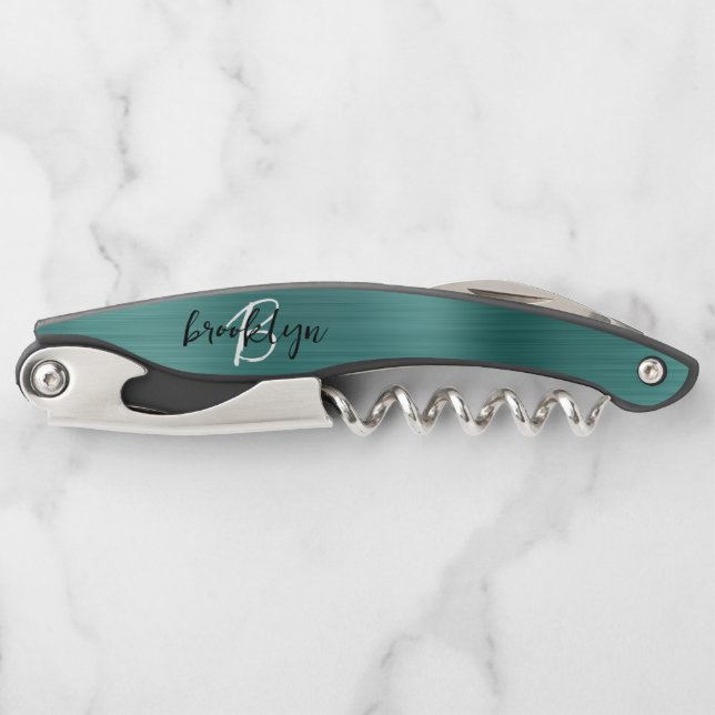 Teal Faux Brushed Metal Monogram Script Waiter's Corkscrew (Front)