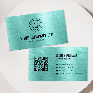 Teal Faux Brushed Metal Professional QR Code Business Card