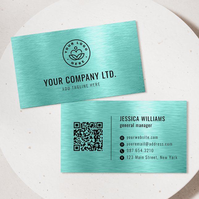 Teal Faux Brushed Metal Professional QR Code Business Card (Creator Uploaded)