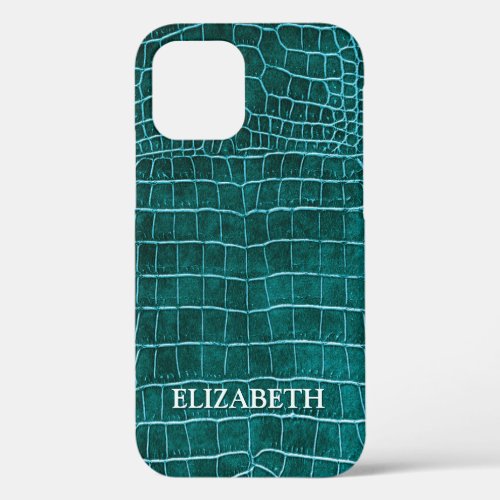 Teal Faux Crocodile Leather Personalized Name iPhone 12 Case