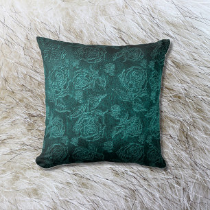Teal Faux Embossed Rose Leather Throw Pillow