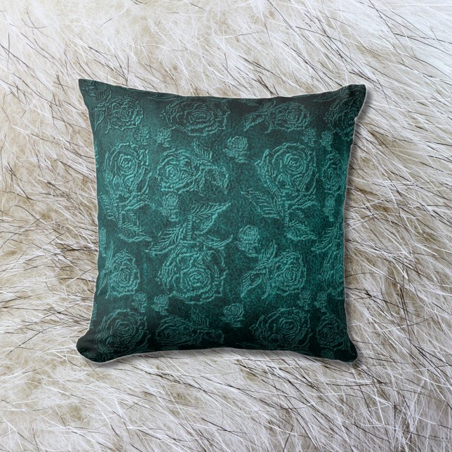 Teal Faux Embossed Rose Leather Throw Pillow (Creator Uploaded)