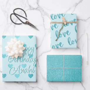 Teal Faux Foil Hearts Love Script Turquoise Wrapping Paper Sheets