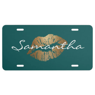 Teal Faux Glitter Gold Kisses License Plate