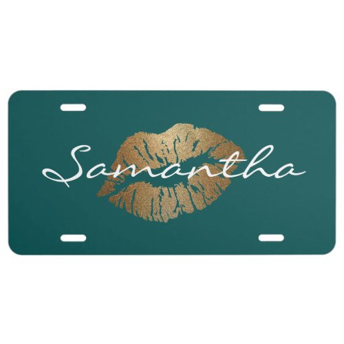 Teal Faux Glitter Gold Kisses License Plate