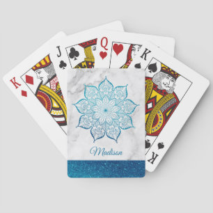 Teal Faux Glitter Mandala on White Marble Poker Cards