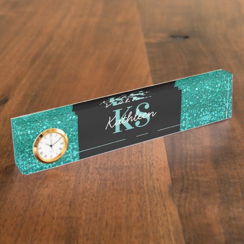 Teal Faux Glitter Monogram Office Desk Name Plates