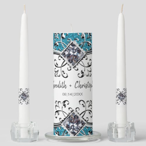 Teal Faux Glitter Silver Bling Unity Candle