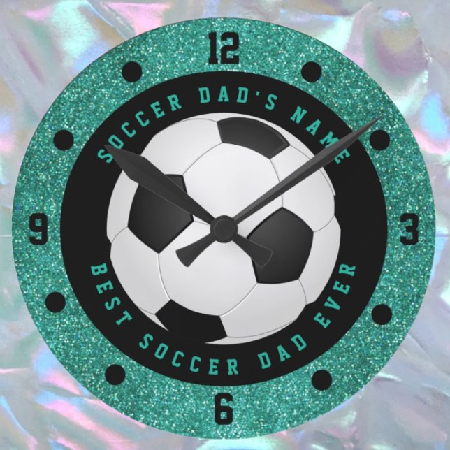 Teal Faux Glitter Soccer Dad Soccer Ball Clock (Creator Uploaded)