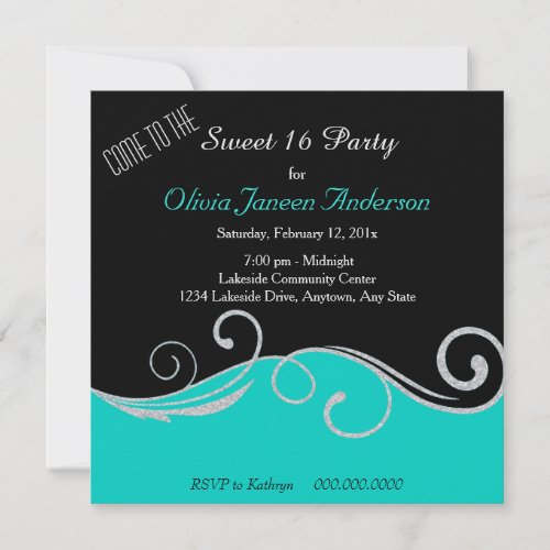 Teal Faux Glitter Swirl Sweet 16 Party Invitation