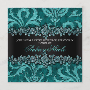 Teal Faux Glitter & Velvet Floral Sweet Sixteen Invitation