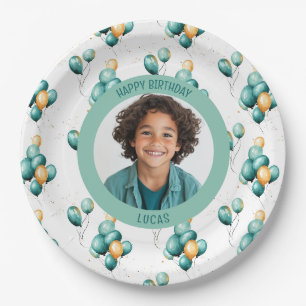 Teal Faux Gold Balloons Photo Paper Plates